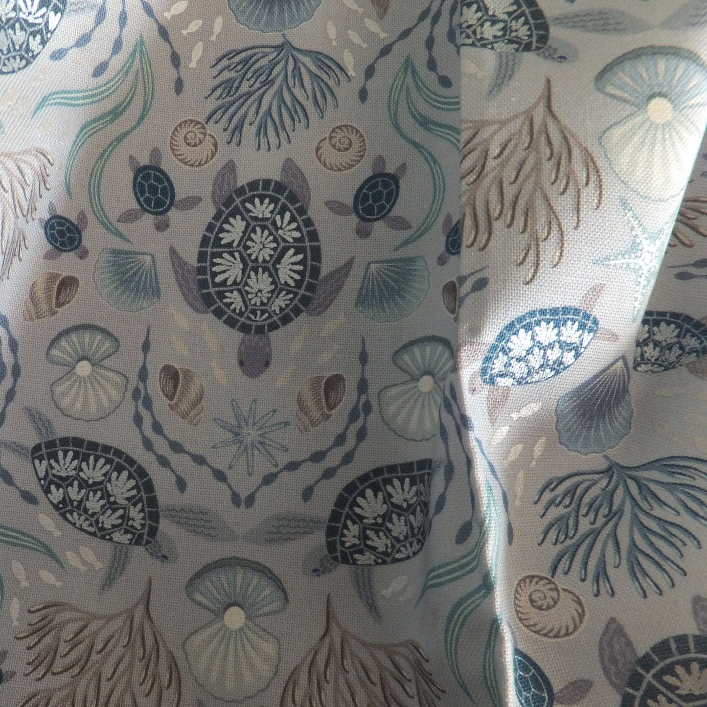Ocean Pearls Collection by Lewis & Irene - Sea Turtle Family On Light Mist With Pearl
