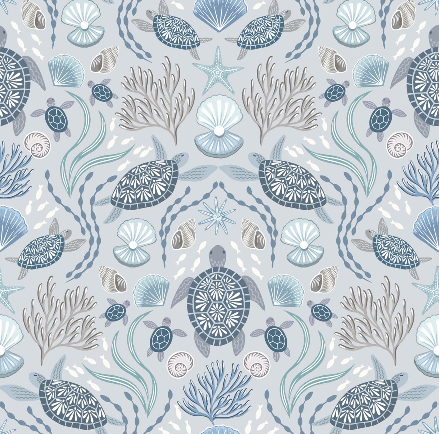 Ocean Pearls Collection by Lewis & Irene - Sea Turtle Family On Light Mist With Pearl