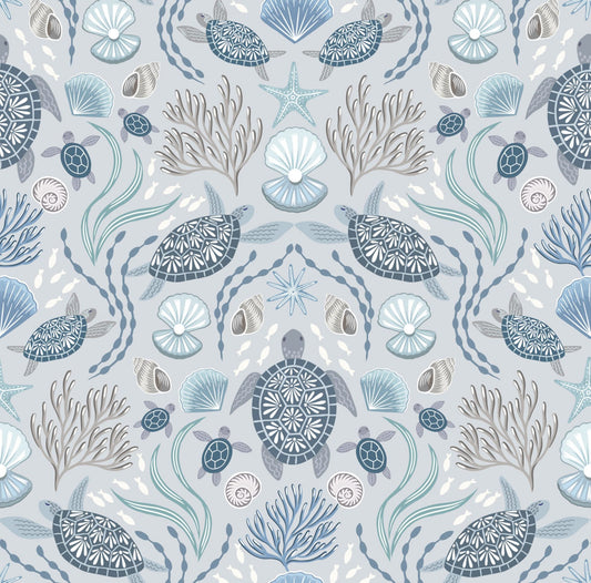 Ocean Pearls Collection by Lewis & Irene - Sea Turtle Family On Light Mist With Pearl