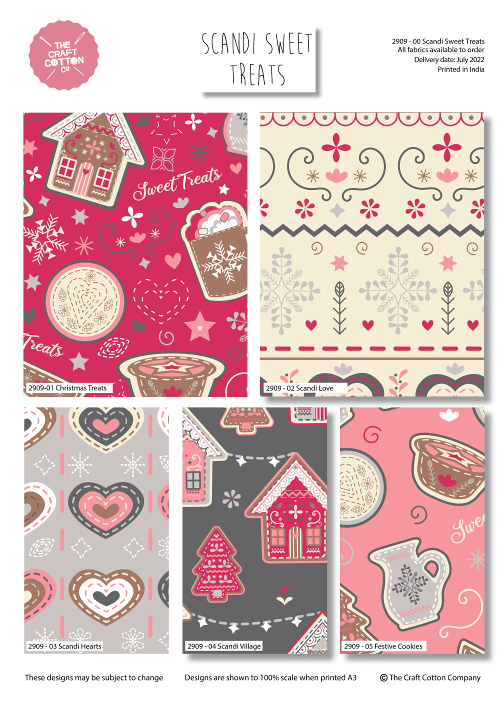 Collection of Christmas-themed fabric designs by The Craft Cotton Company with gingerbread houses, cookies, and winter elements.